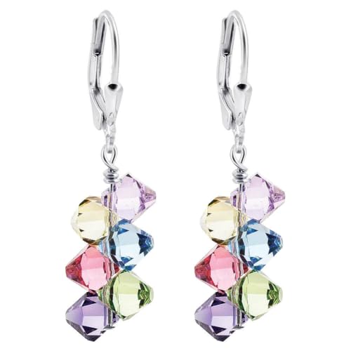 925 Sterling Silver Leverback Dangle Earrings 1.25 inch MultiColor Austrian Crystals Elegant Women’s Jewelry
