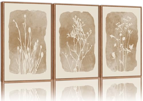 SIGNINART Boho Botanical Framed Canvas Wall Art Set, Neutral Wildflower