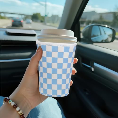 Image of Reusable Insulated Sleeve for Iced Coffee Cup, Coffee Neoprene Sleeve for Cold & Hot Drinks, Beverage Holder for Iced Coffee (Blue Grid, Small: 16-18oz)