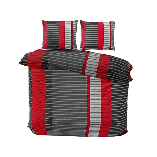 Class Home Collection Bettwäsche 200x200 Baumwolle – Ganzjahres Bettwäsche-Sets, weich & atmungsaktiv, Bettbezug und Kissenbezug 80x80 cm mit Reißverschluss Wind Rot