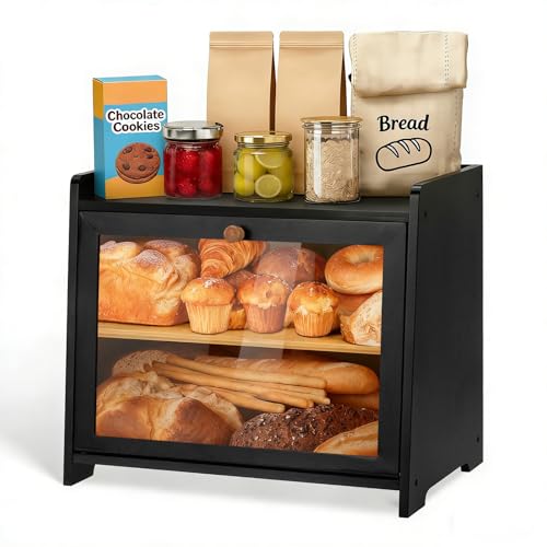 ZZBIQS Boîte à pain en bambou à 2 étages - Grande boîte à pain en bois avec planche à découper le pain - Organiseur avec plaque de porte en verre transparent (noir)