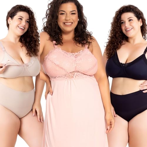 Kit Amamentação Plus Size - Camisola, Calcinhas e Sutiãs de Conforto (54, Preto)