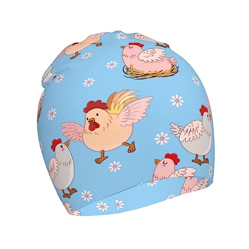 Rqzwdq Cute Cartoon Hen and Flowers Kids Beanie Hats Warm Knit Beanie Cap Skull Caps Gifts Decor for Boys Girls White
