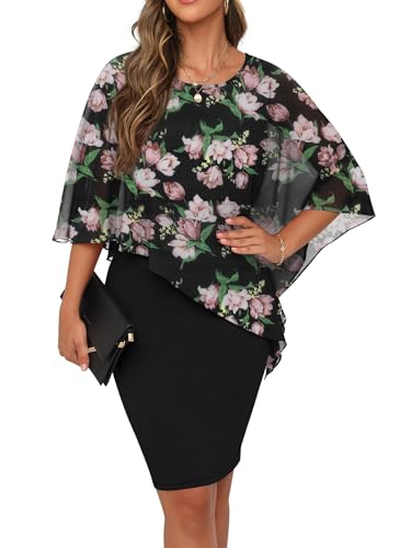 QIXING Damen Chiffon Cape Cocktialkleid Rundhals Ausschnitt Bleistiftkleid Sommerkleid Damen Knielang Elegant Abendkleid Mit Overlay Casual Bodycon...