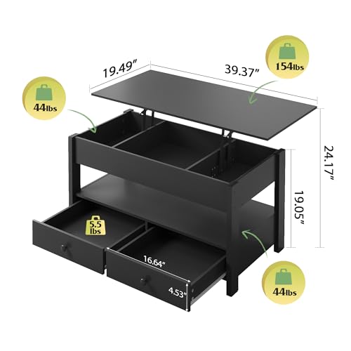 Image of WLIVE Lift Top Coffee Table with 2 Drawers, Large Storage, Black