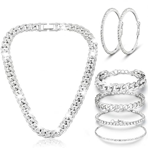 Yinkin Silver 6 Pcs Silver&Gold Jewelry Sets Cuban Link Chain Necklace Bracelet Bling Rhinestone Hoop Earrings Bling Crystal Set for Women