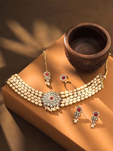 Image of Yellow Chimes Pearl Jewellery Set for Women | Traditional Gold Plated Choker Set for Girls | Golden Pearl Necklace Set | Birthday Gift for Girls & Women Anniversary Gift for Wife