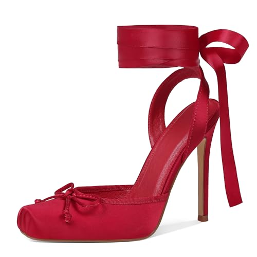 Celbreez Ballet Heels Slingback Heels for Women Red Heels Closed Toe Womens Pumps Satin Lace Up Bow High Heels Stiletto Strappy Party Wedding Cute Ballerina Mary Jane Shoes
