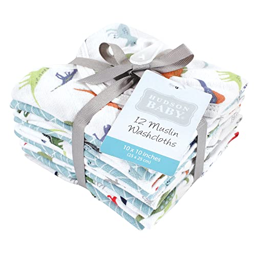 Image of Hudson Baby Unisex Baby Cotton Muslin Washcloths, Dino, 10x10 in