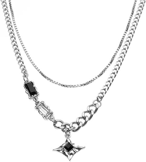bling queen Men's Silver Plated Zirconia Baguette Double Layered Star Pendant Necklace-picture-18