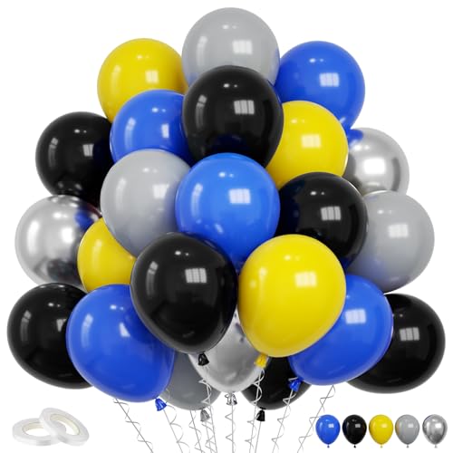 Image of Funhot Blue Yellow Grey Balloons, 60PCS Royal Blue Grey Party Balloons, 12 Inch Matt Yellow Metallic Silver Latex Balloon Helium for Boys Men Baby Shower Graduation Bat Birthday Party Decoration