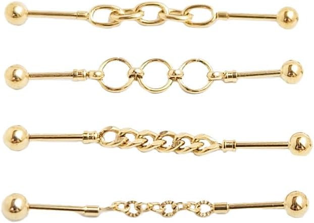 4Pcs 16G Stainless Steel Gold Chain Industrial Piercing Jewelry for Women Men Minimalist Cartilage Industrial Barbell Earrings Golden Cartilage Piercing Jewelry