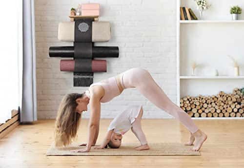 Yoga Mat Holder Wall Mount Yoga Mat Storage Rack with 3 Sizes Easy Access Pocket Wood Floating Shelves and 4 Hooks for Hanging Foam Roller Yoga Mats Yoga Block Resistance Bands Home Gym Accessories Boho Gym Decor (Carbonized Black) - Thumbnail 2
