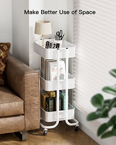 Pipishell 3 Tier Metal Rolling Utility Cart, Heavy-Duty Storage Rolling Cart With 2 Lockable Wheels, Multifunctional Mesh Organization Utility Cart For Kitchen Dining Room Living Room (White) #TOP1