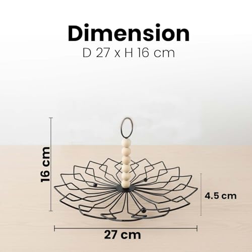 Image of Go Hooked Metal Fruit Basket with Detachable Wooden Bead Handle 26Cm | Decorative Wire Fruit Bowl for Home & Dining | Rust-Resistant Iron Basket for Fruits, Vegetables, Snacks & Home Storage