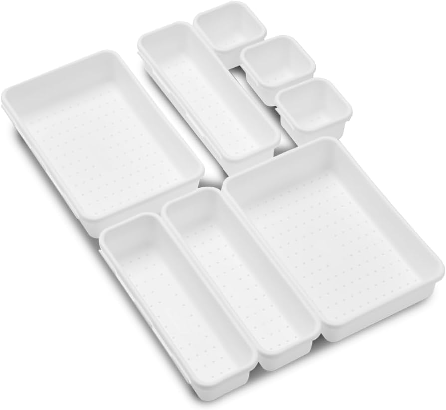 madesmart Premium 8 Piece Interlocking Bin Pack, Modular Drawer Organizer Set for Office Supplies, Tools & Household Items, Durable Non-Slip Design, White