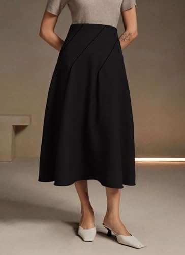 POPZONE Women Basic Elastic High Waist Pleated Midi Skirt Solid Elegant Office Long Skirt Work Skirt3