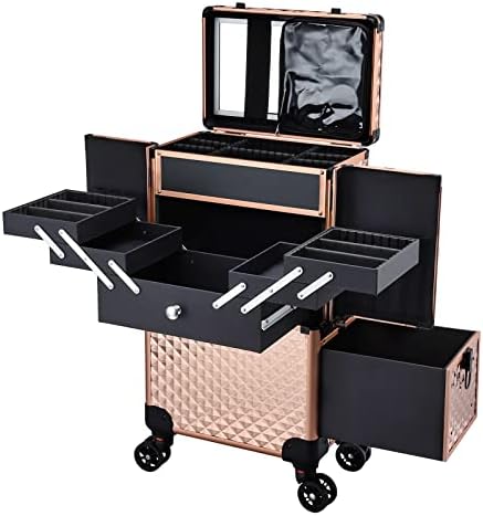 Adazzo Professional Makeup Rolling Train Case Cosmetic Train Case Large Trolley Storage Case for Nail Cosmetology Case with Compartments for Hairstylist - Rose Gold, Rose Gold New, Professional Rolling Makeup Case