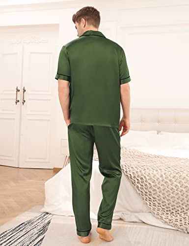 Image of SWOMOG Mens Satin Pajama Set Short Sleeve Classic Sleepwear Button Down Silky Loungewear with Long Pants