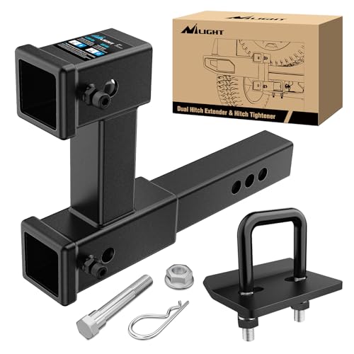 Image of Nilight Dual Hitch Extender to 10 Inch Max Extension Length with Hitchs Tightener Anti Rattle for 2 inch Receiver with 5 /8 inch Bolt Nut Clip Adjust 7-1 /2 inch Riser or Drop 4,000 lbs GTW Matte Black