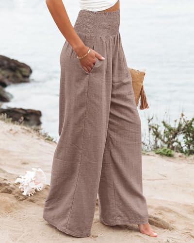 Angerella Womens Smocked Waist Wide Leg Casual Pants Basic Loose Breathable Work Trousers for Women Ladies Beach Pants GrayPink XXL