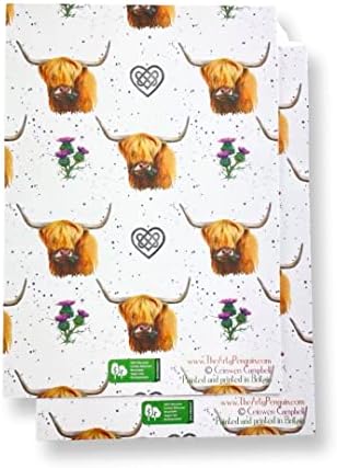 Scottish Highland Cow and Celtic Heart 100% Recycled and Recyclable eco Printed Gift Wrapping Paper - 2 Sheets and Tags