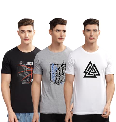 Image of ADRO 100% Cotton Lycra Tshirts for Men Combo Pack of 3 | Regular Fit | Printed T Shirt | Round Neck Half Sleeve| Mens Tshirts