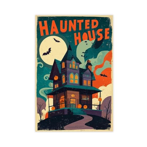 Poster manoir hanté vintage sur toile de 61x91 cm pour decoration murale