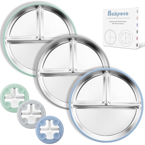 Image of Bakpoco Stainless Steel Suction Plates for Toddlers, 9" Divided Kids Baby Plates with Removable Silicone Suction, Non Toxic Non Slip Portion Control Snack Dishes 3 Packs, Blue Gray Sage