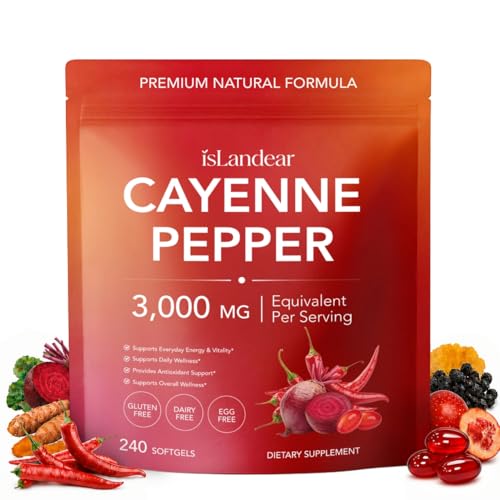 isLandear Cayenne Pepper Softgels Supplement Cayenne Pepper Capsules with Beetroot Hawthorn Turmeric & Vitamins D3 K2 E Supports Healthy Circulation and Daily Energy 240 Softgels
