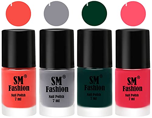 Image of Nail Polish Combo Set (Pack of 4) Quick Dry Gel Finish Nail Paint | Coral,Gray,Dark Green,Dark Pink | 7 ml Each
