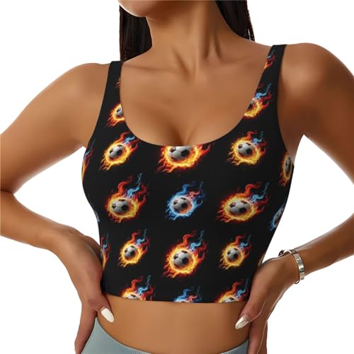 Women Girls Comfy U-Shaped Back Sports Bras Stretchy Cool Fire Flame Soccer Football Black Tank with Pads Moisture Wicking Tops Shirts for Fitness Sports