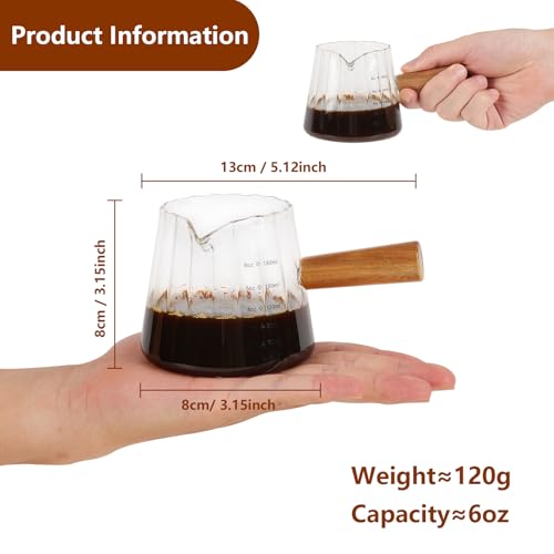 YARRAMATE 6 oz/180ML Glass Measuring Cup with Wooden Handle – Espresso Shot Cups, Ribbed Milk Frothing Pitcher, Dual Scale Markings, V-Shaped Mouth for Easy Pouring - Thumbnail 2