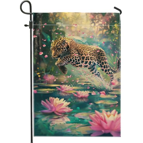Bandera de jardín floral leopardo, lirio de pesca, estanque primaveral, decoración del hogar, bandera de patio de doble cara, decoración de césped, 30,5 x 45,7 cm