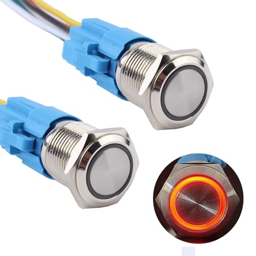 Image of 2pcs 16mm Metal Latching Push Button Switch 12V-24V ON-Off 5Pins 1NO 1NC with Pigtail for 5 /8 inch Mounting Hole Waterproof Silver Shell Halo Ring Red LED Light