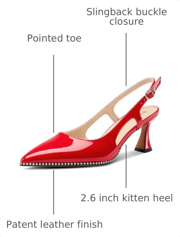 Image of TNYNFBEB Womens Kitten Heel Pointed Toe Pumps Sliver Beaded Slingback Slip-on Buckle Prom Dress Basic Classic Patent Leather Summer 2.6 Inches Heels