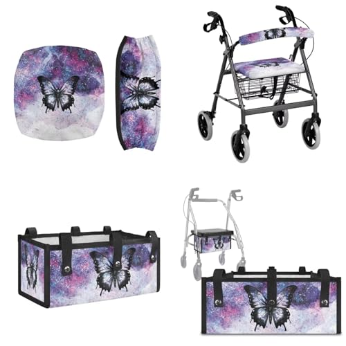 LVEWYB Black Butterfly 3Pcs Walker Basket Under Seat Bag for Walker Rollator Rollbar Seat and Backrest Covers for Senior Universal Basket Rollator Seat Cover Set Comfort