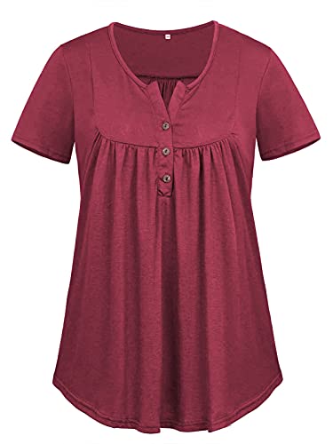 Plus Size Blouse for Womens Casual Short Sleeve T Shirt Buttons Blouse Tops Rose Red 20W