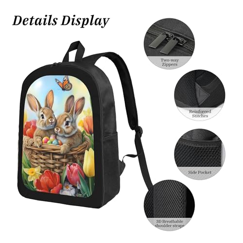 3PCS Backpack for Women Men With Lunch Box Pencil Bag 17 Inch Lightweight Adjustable Strap Back Pack 3 In 1 Set Animal Rabbit Flower Casual Daypack Unisex Fit Travel Work Camping4