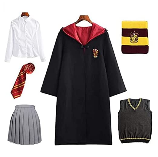 Costume Déguisement Uniforme Hermione Granger Gryffindor pour Enfants avec Cape, Cravate, Écharpe, Baguette Magique, Ensemble pour Fans de Films, Déguisement pour...