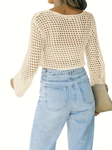 Womens Crochet Crop Top Long Sleeve See Through Hollow Out Mesh Knitted Beach Bikini Cover Ups3