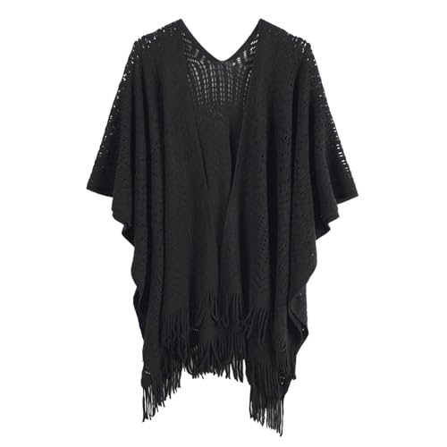 Makroyl Women Knit Wrap Shawl Cape Ladies Knitted Scarf Tassel Open Poncho Cardigan (Black)