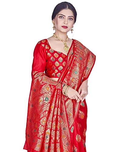Image of C J Enterprise Women's Jacquard Silk Banarasi Kanjivaram Style Saree Paithani Red