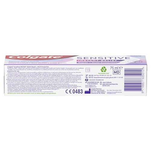 Colgate Sensitive Instant Relief Repair + Multi-Protection Toothpaste 75ml - Fluoride Toothpaste - Instant Sensitivity Relief* - Cavity Protection + Gum Health - Repairs Sensitive Areas of Teeth**