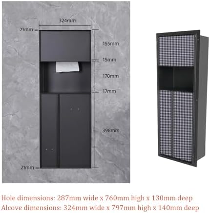 Stainless Steel Hidden Trash Can Cabinet with LED Light, Recessed Toilet Paper Holder & Brush Set, Space-Saving Storage Solution for Bathrooms & Restrooms