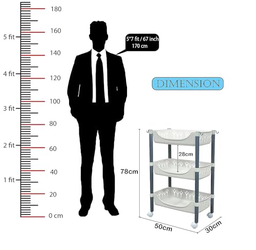 Image of Lukzer 3 Tier Plastic Rolling Cart Trolley Stand Multipurpose Fruits & Vegetable Storage Basket Rack with Wheels Slim Space-Saving Organizer for Kitchen Home Bathroom Office-White 115x30x41.5cm CH-137