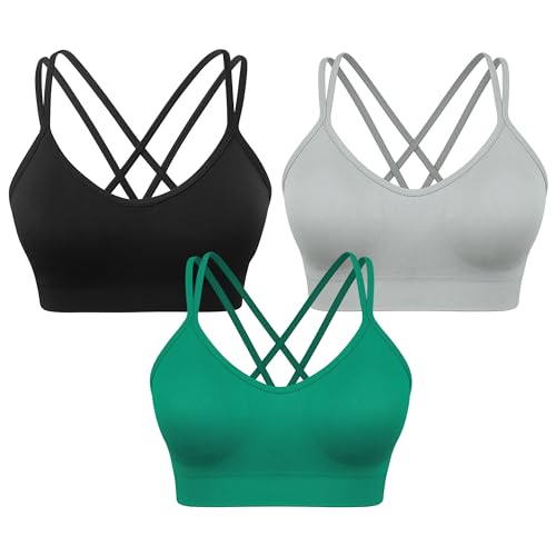 Image of VEQKING Strappy Cross Back Women Sports Bra Pack for Medium Support Workout | Removable Padded Cups, Spaghetti Strap, Comfort Seamless Wirefree, Soft Breathable Fabric, for Gym /Yoga /Pilates /Walking /Daily