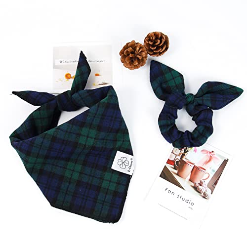 E-Clover Dog Bandanas & Matching Scrunchie Set Plaid Dog Scarf Kerchief For Medium Large Dog Boy Pet Bandana Bibs With Hair Tie Owner Gifts Blue Green #TOP7
