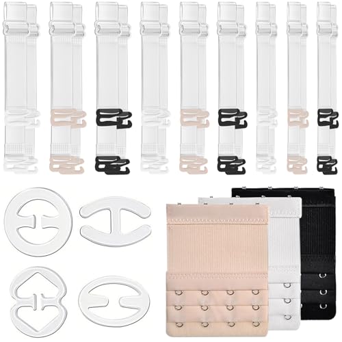 25PCS Clear Bra Straps Bulk: 18 Pieces Invisible Transparent Bra Straps Adjustable Non-Slip Bra Replacement Straps, 3 Pieces Bra Extenders, 4 Pieces Bra Strap Holders for Slipping for Women