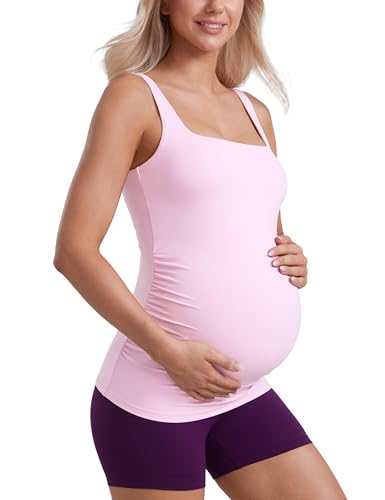CRZ YOGA Butterluxe Maternity Square Neck Tank Tops - Ruched Sleeveless Womens Pregnancy Yoga Tee Shirt with Built in Bra Vita Pink Small